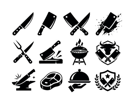 Professional Cleaver Set, solid glyph icon set, create 12 fully filled black glyph icons in a 4x3 layout showing professional butcher knife, meat cleaver, crossed blades, grunge-style knife