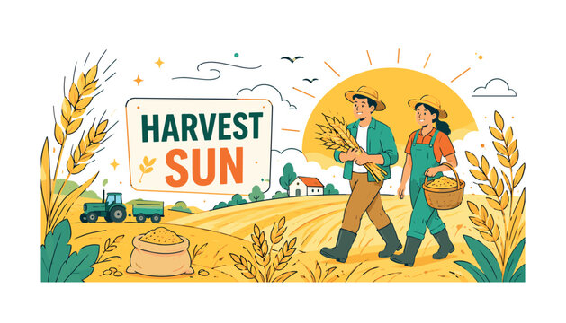 Golden Wheat Harvest. Editorial banner scene with two farmers walking through an oversized golden wheat field and giant summer sun arc, crop rows and rural horizon reaching all edges, grain stalks,