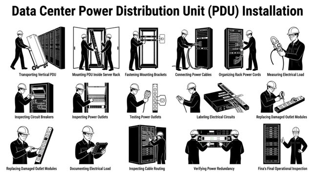Data Center Electrical Technicians Installing Rack Power Distribution Units Black Silhouette Vector Set