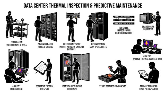 Data Center Maintenance Engineers Thermal Inspection Black Silhouette Vector Set