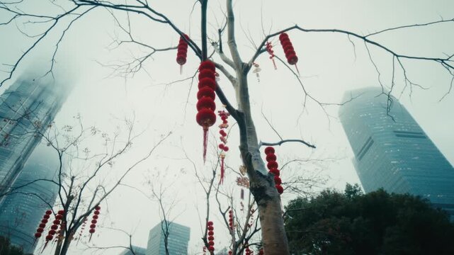 Upward shot of red Chinese New Year lanterns hanging from bare winter tree branches in Lujiazui Central Green, Shanghai, with the Lujiazui financial district skyscrapers rising.