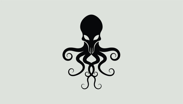 Intricate stencil design of a dark mysterious alien skull combined with octopus tentacles over a light gray background.
