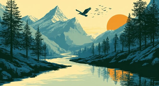 Vintage travel poster of mountain landscape with river and flying bird