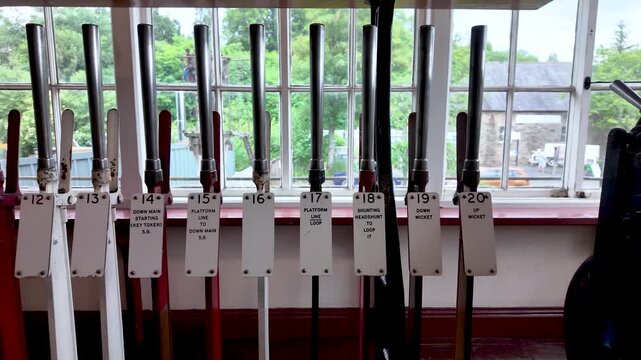 Vintage railway signal box levers, historical transportation control and the intricate engineering of past eras. These manual mechanisms were crucial for directing train movements and ensuring safety
