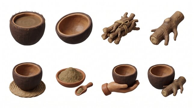 Kava root and coconut shell cup set. Traditional Pacific island drink ingredients isolated.