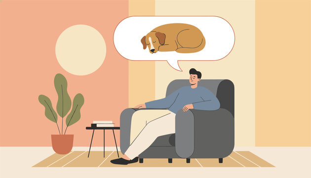 Man relaxing in a comfortable gray armchair while thinking about his sleeping golden retriever dog in a bubble.