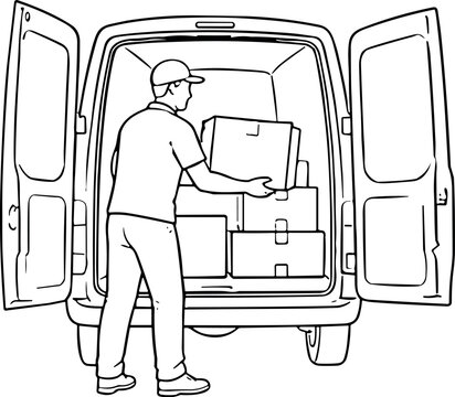 Delivery person loading boxes into the back of an open van