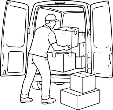 Delivery person loading boxes into the back of an open van