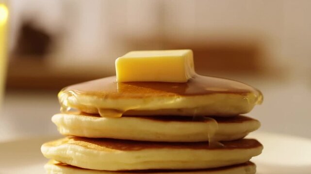 Stack of fluffy pancakes with melting butter on top, syrup drizzling down the sides, presented on a white plate in a bright kitchen setting