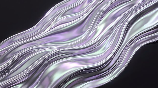 Iridescent abstract waves with pearlescent sheen and flowing curves on a dark background