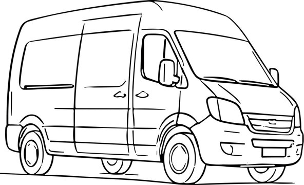 Simple line drawing of a modern passenger van on a white background