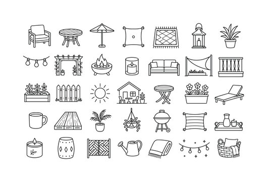 Patio Decor Summer Icons. Line icon set of patio decor summer and backyard outdoor home styling: patio chair, outdoor table, patio umbrella, cushion, outdoor rug, lantern, plant pot, string lights,