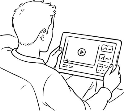 Man watching video on tablet computer, enjoying digital content at home