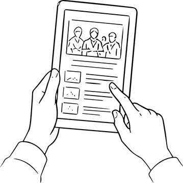 Hands holding a tablet displaying a video conference with multiple participants