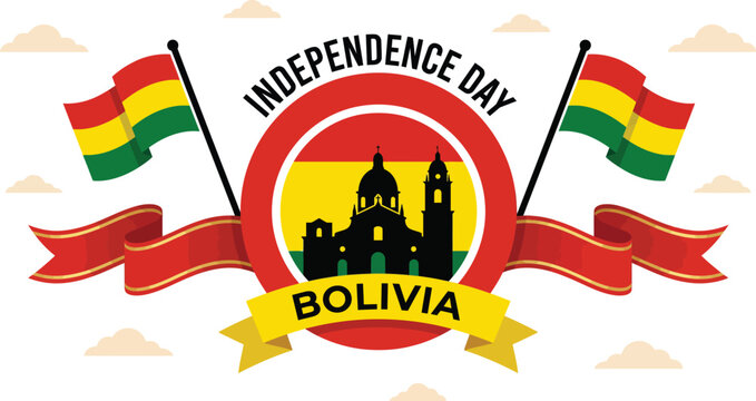 Bolivia Independence Day vector illustration with national flag and landmark silhouette isolated on white background design element