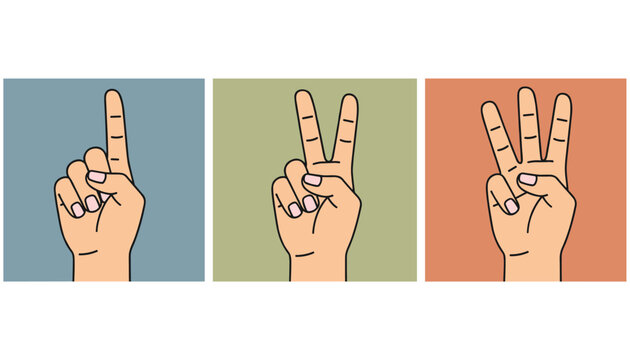 Hand gestures counting one, two, and three fingers displayed in three colorful minimalist retro square frames.