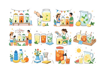 Fototapeta premium National Refreshment Drink Station. Refreshment day, drink station, cold lemonade, iced tea, infused water, summer party, beverage dispenser, hydration, citrus, mint and backyard gathering. 12