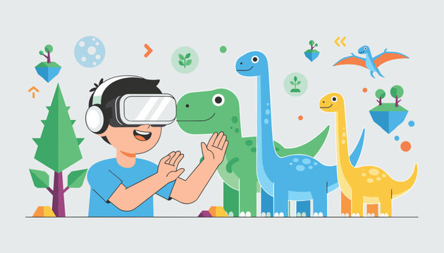 Young boy experiences virtual reality prehistoric world filled with friendly dinosaurs using advanced vr goggles.