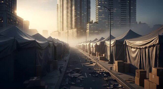 Rows of dark tents in foggy urban city street.