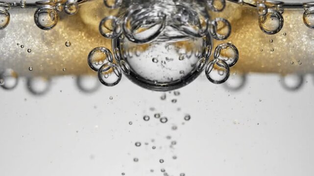 Golden glitter and clear bubbles sparkle in abstract liquid