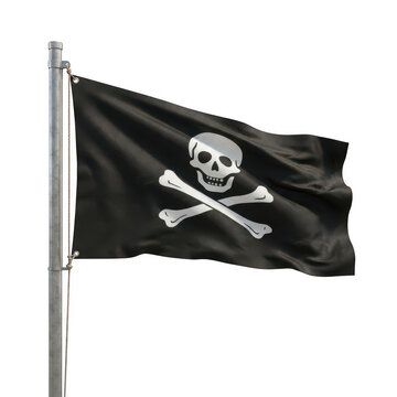 Waving black pirate flag with a skull and crossbones symbol on a pole isolated on transparent background