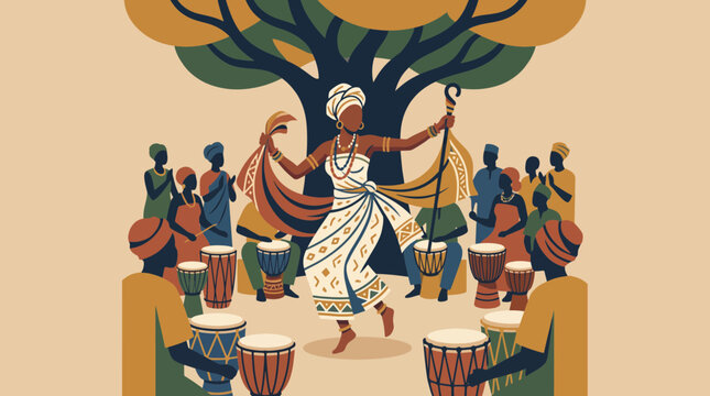 Yoruba Priestess Performing Orisha Dance Ritual Flat Style Vector Illustration