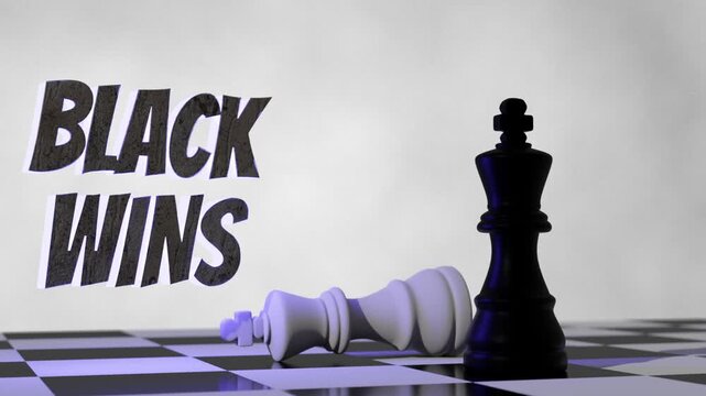Animated chess game featuring classic black and white pieces moving across the board, ending in a checkmate victory for the black side. Modeled in Blender 3D