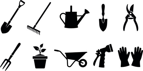 Gardening tools silhouette collection shovels rakes watering cans and protective gear for yard work and horticulture © shahinahmed