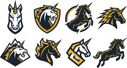 Premium Unicorn Mascot Logo Collection Featuring Shield, Mountain, Circular Badge, Running Horse and Bold Fantasy Esport Emblem Vector Set © MstSuborna