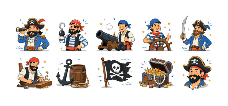 Pirate Ship Crew, clean editorial illustration set of 10 separate small editorial illustrations: happy pirate captain, sailor with hook, gunner with cannon, boatswain, corsair skipper, carpenter,