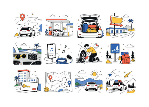 August Road Trip. August road trip, cars, maps, gas stations, suitcases, motels, sunglasses, cameras, chargers, playlists and summer adventure. 12 minimalist editorial vector scenes: car follows a