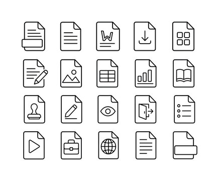 DOC File Formats, line icon set, 20 clean outline icons of DOC document, text file, word page, download document, office file, writing sheet, image document, table document, report page, manual file,