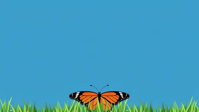 Monarch butterflies flying over green grass under a clear blue sky with cinematic motion
