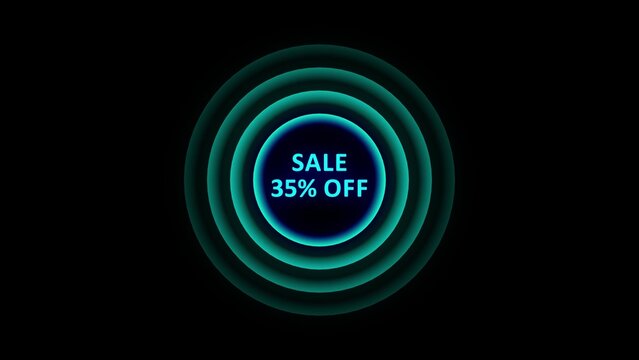 Neon Blue Circles with Sale 35 Percent Off Message on Black Background discount promotion