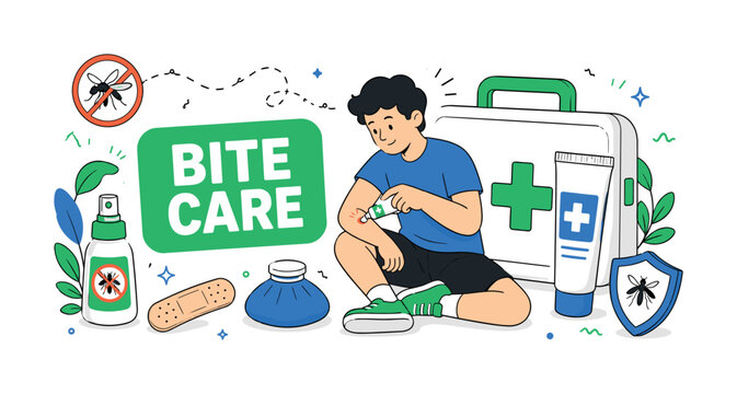 Bug Bite Care. Bug bite care banner with 1 main scene: person treating a bite beside oversized ointment tube and large first aid kit reaching all canvas edges, with small repellent spray, bandage,