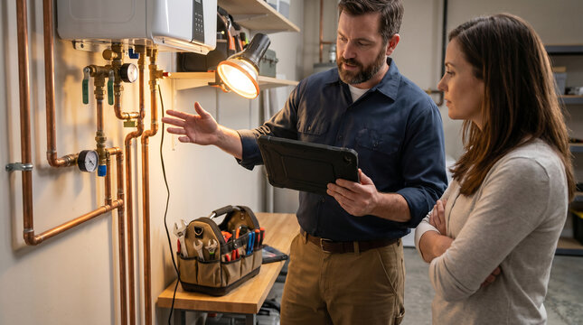 Professional plumber explains tankless water heater inspection to homeowner in utility room, reviewing plumbing system with tablet during residential service consultation, copy space.