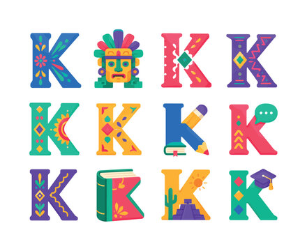Mexican Letter K, bright flat vector icon set of 12 colorful isolated typography-inspired objects: folk letter K shape, Aztec idol face ornament, Mexican alphabet symbol, Hispanic ethnic typeface,