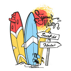 Obraz premium Summer Surfboards with Sun, Waves and Direction Arrows T-Shirt Design