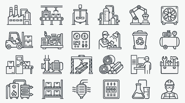 Minimalist Black and White Line Icons Set Featuring Industrial Machinery Equipment and Workplace Scenes