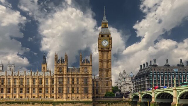 Cinematic view of Elizabeth Tower commonly known as Big Ben and Houses of Parliament. 