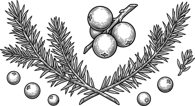 Hand Drawn Juniper Berry Vector Element Set with Pine Branches and Engraving Style Botanical Illustrations for Gin Branding, Cosmetics, and Organic Product Packaging