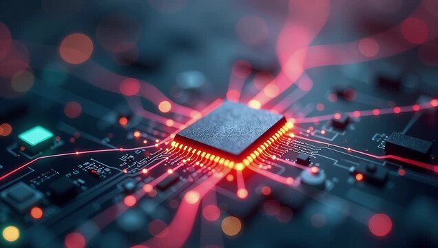 Glowing Microchip Activating with Energy Flowing Through Connections