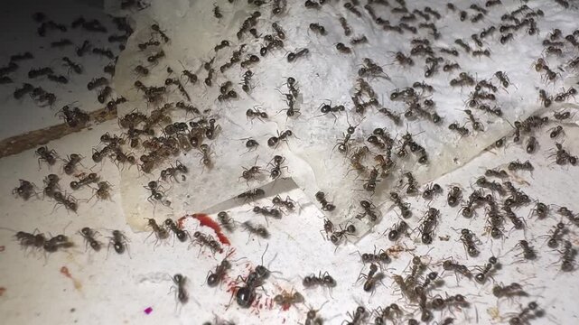 Extreme macro shot of a massive black ant swarm crawling on torn tissue paper and a filthy stained floor