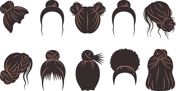 Women Bun Hairstyle Collection Featuring Messy Bun, Double Bun, Braided Bun, Low Bun, Afro Bun and Elegant Hair Updo Vector Set