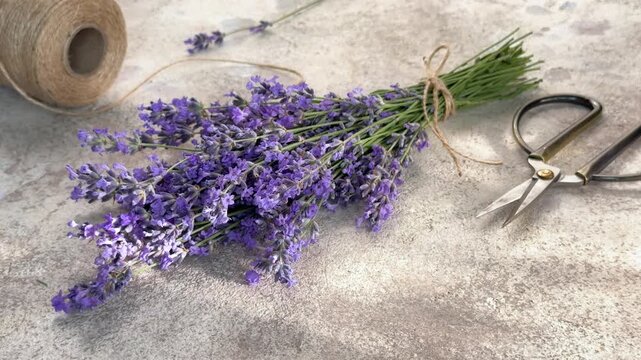 Fresh lavender bouquet with scissors and twine
