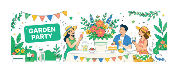 Fototapeta premium Garden Party banner, clean editorial composition with one wide summer garden gathering scene, 3 geometric guests around an oversized outdoor table and oversized flower bouquet, greenery and picnic