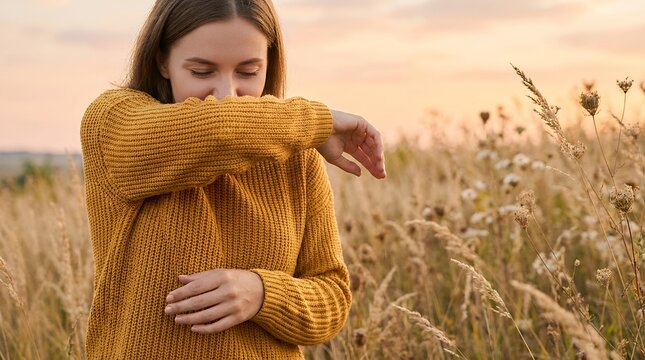 Woman sneezing in field, allergy season concept, outdoor shot