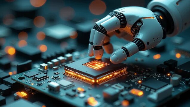 Robotic Hand Interacting with a Circuit Board in a High-Tech Environment