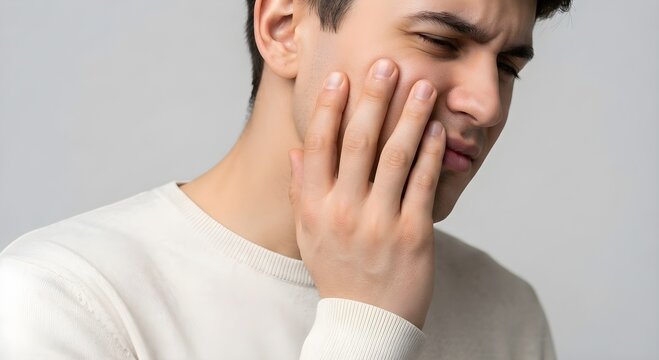 Toothache Jaw Pain &ndash; Light Shirt, Hand on Cheek, Facial Discomfort, Neutral Background, Dental Issue, Health Problem, Expression, Pain, Editorial, Creative, Design
