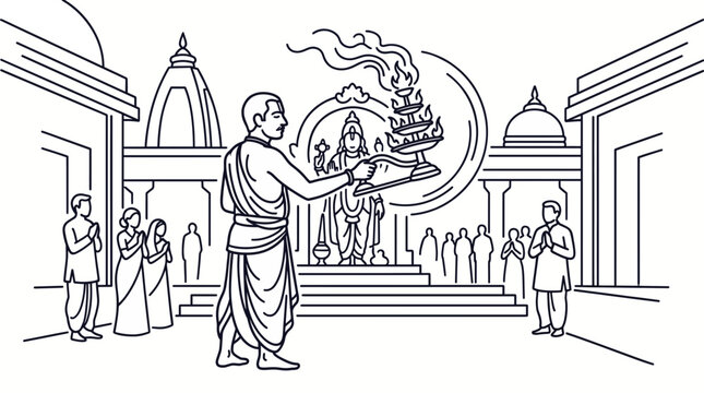Priest Performing Aarti Fire Ritual Line Art Style Vector Illustration